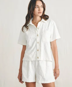 New Cabana Towel Terry Short Sleeve Button Up - Women Shirts & Tops