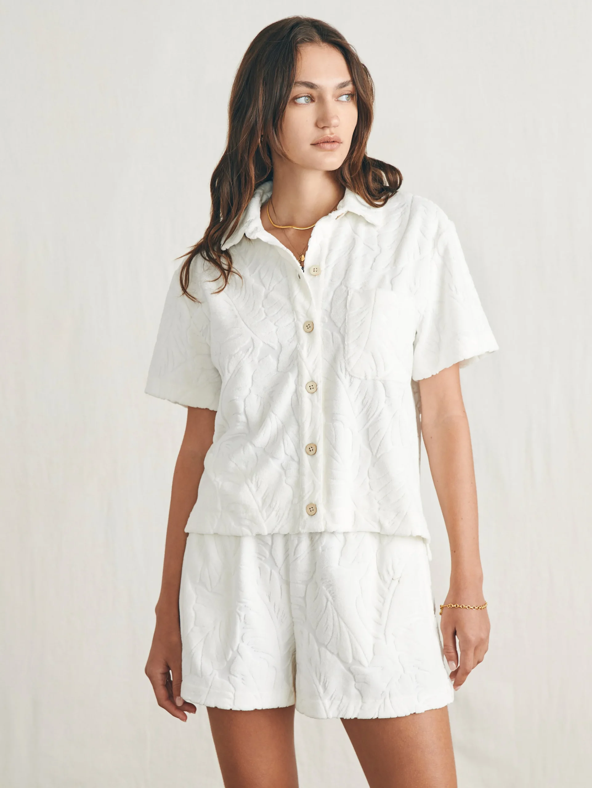 New Cabana Towel Terry Short Sleeve Button Up - Women Shirts & Tops