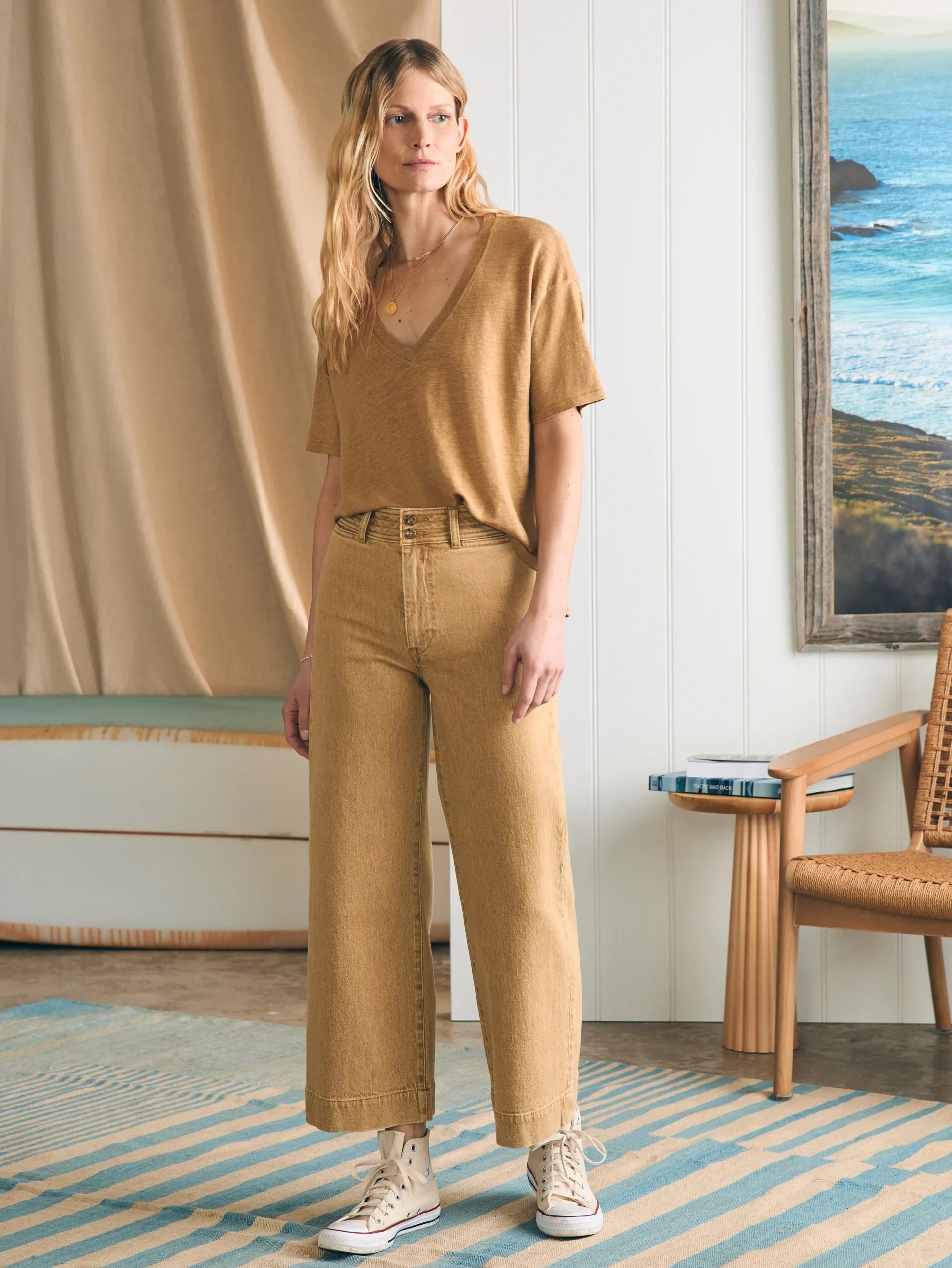 Fashion Oceanside Linen V-Neck Tee - Women T-Shirts